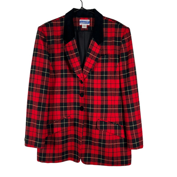 Pendleton Womens Jacket Red Plaid Buttons Shoulder Pads Flap Pockets USA Plus 16 - Picture 1 of 6